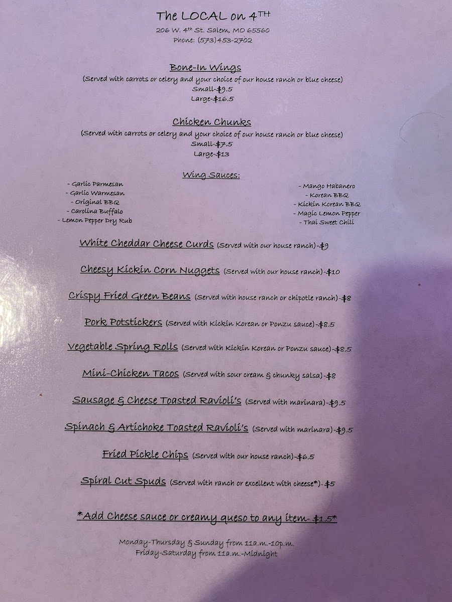 The Local on 4th menu board