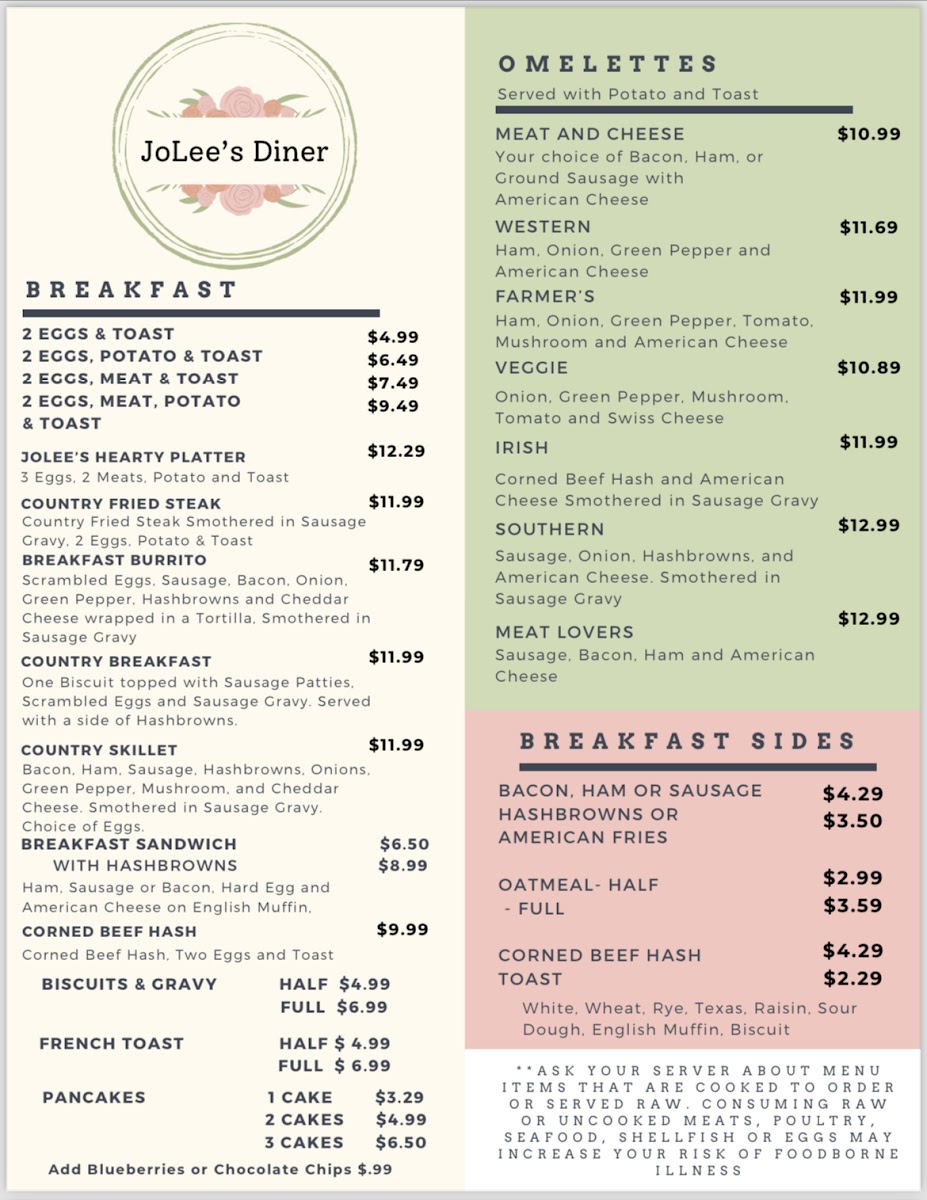 JoLee's Diner menu board