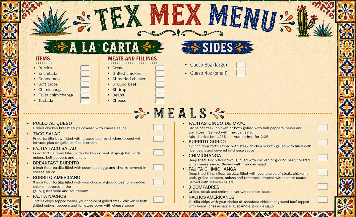 Taqueria cinco de mayo menu board
