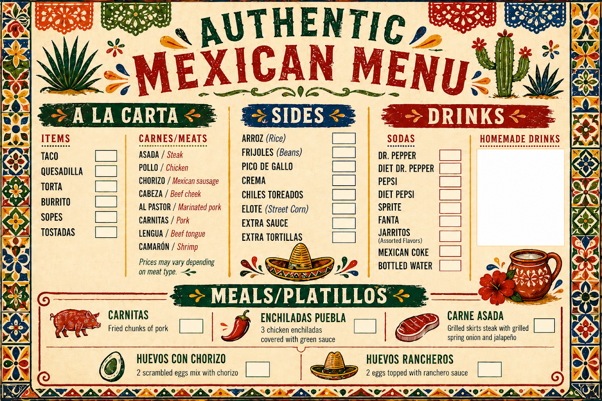 Taqueria cinco de mayo menu board