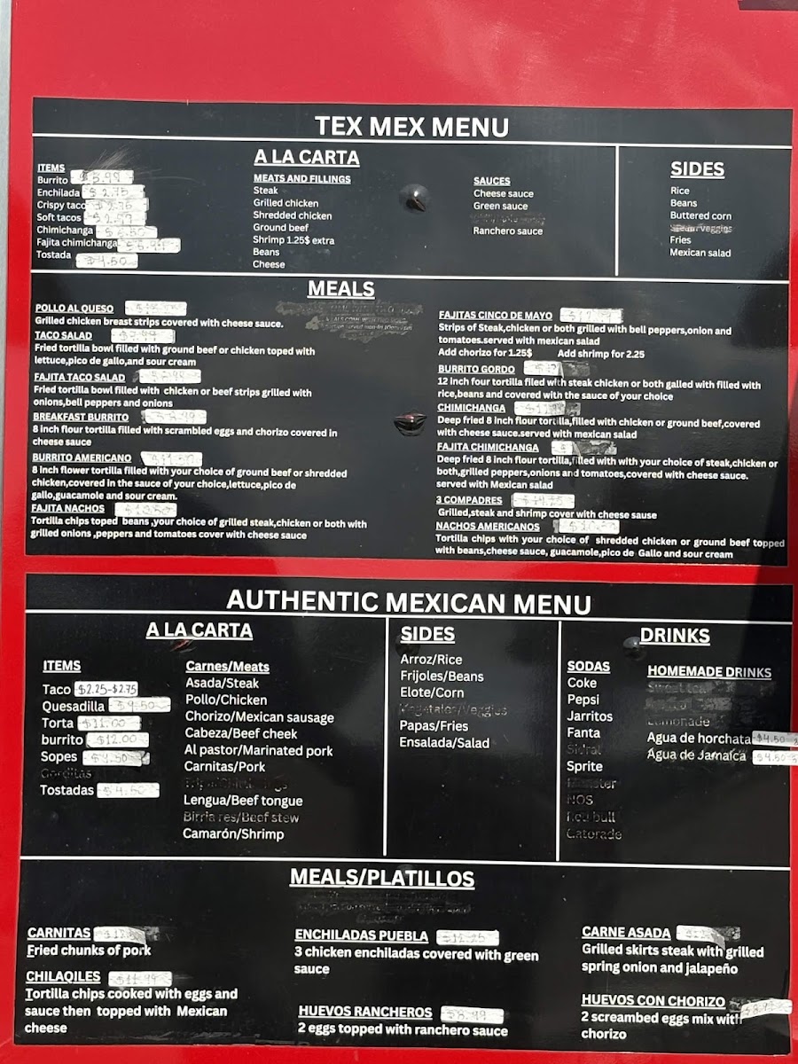 Taqueria cinco de mayo menu board