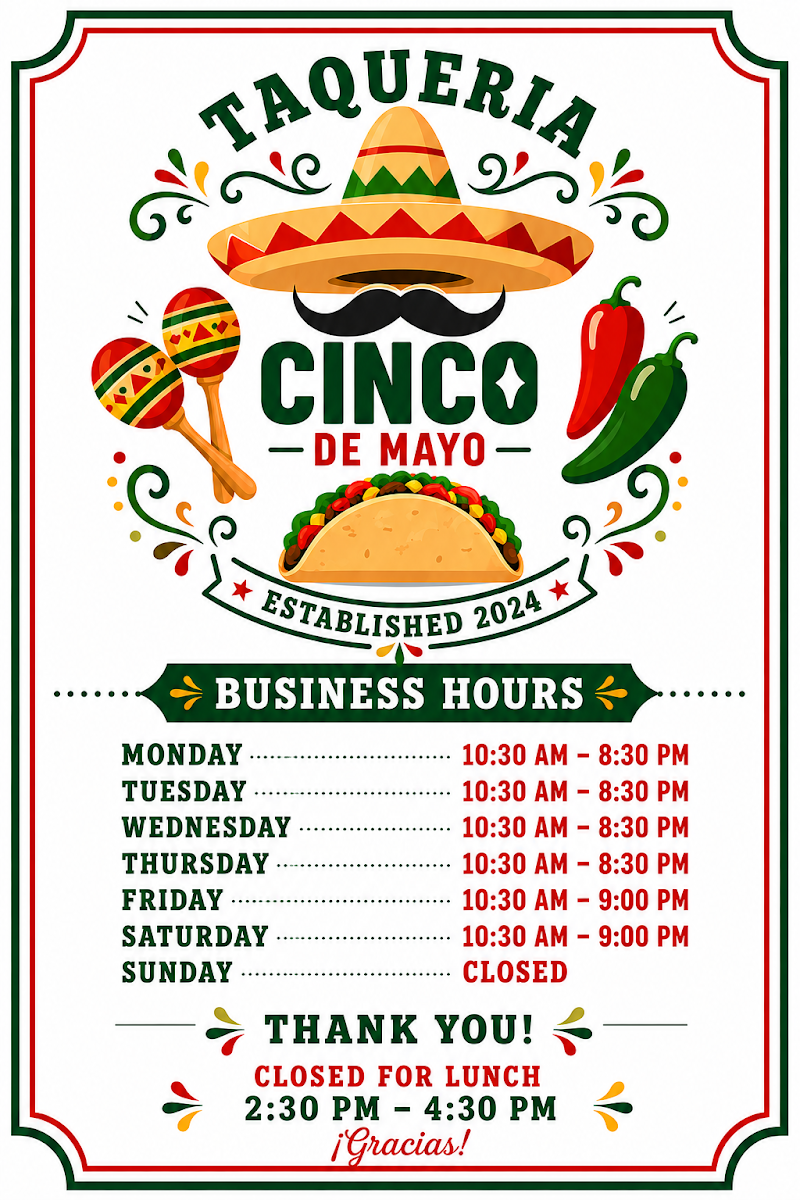 Taqueria cinco de mayo menu board