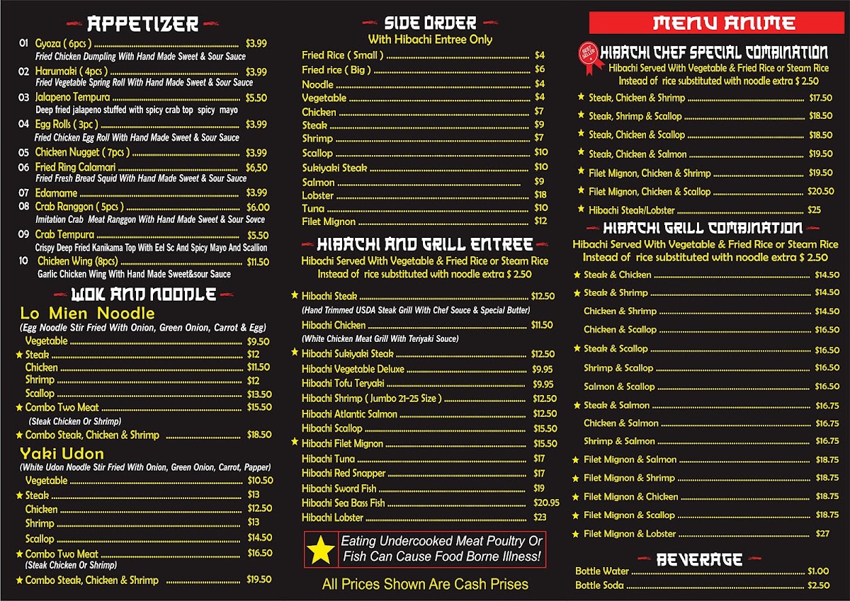 ANIME HIBACHI menu board
