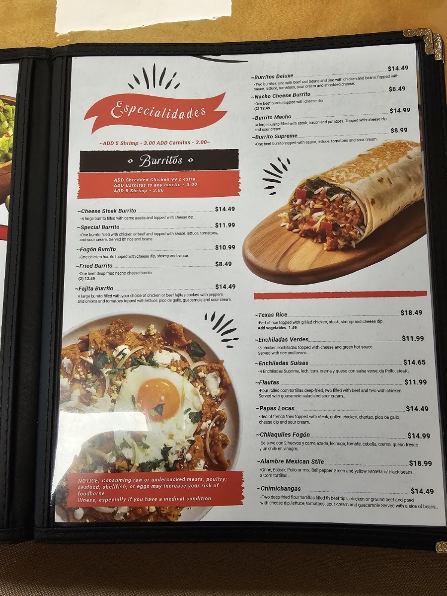 El Fogón Mexican Grill LLC menu board