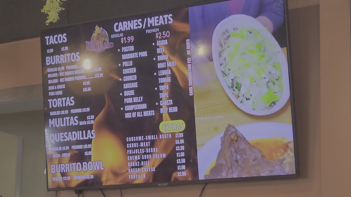 Tacos Puro Jalisco San Bernardino menu board