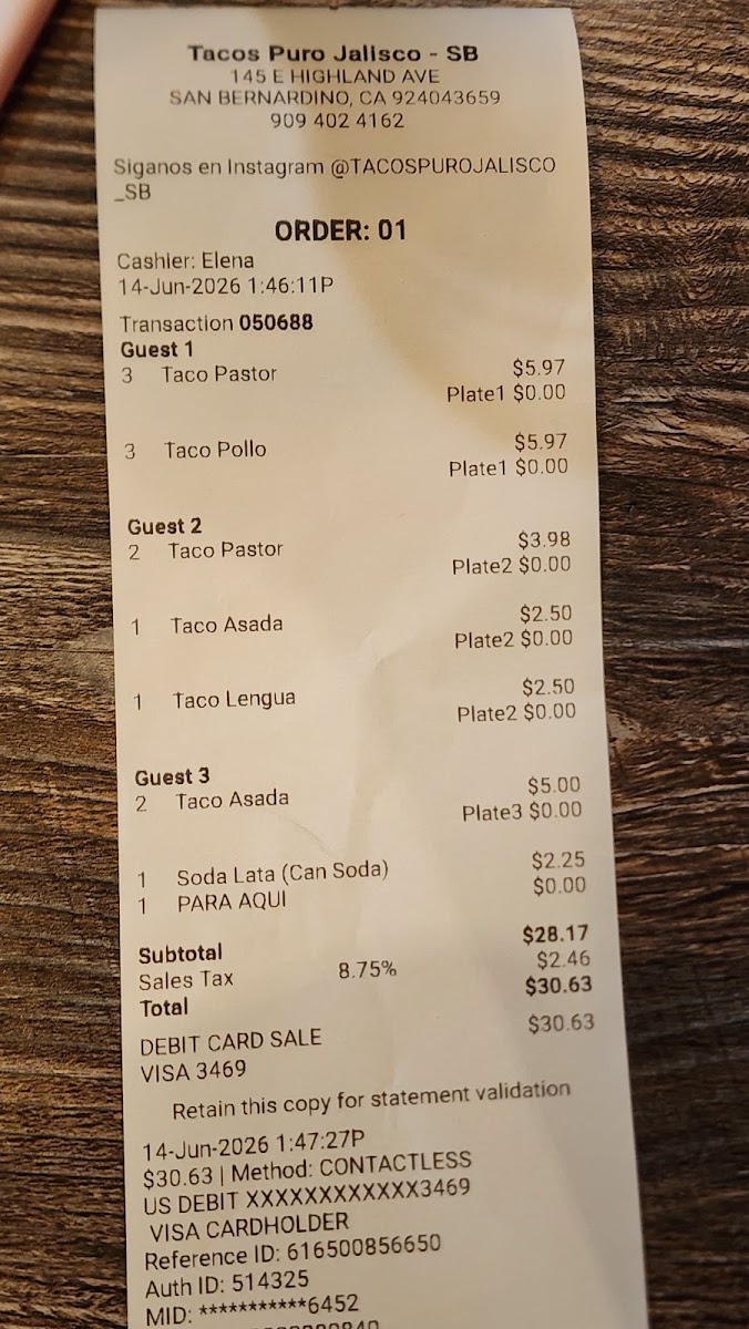 Tacos Puro Jalisco San Bernardino menu board