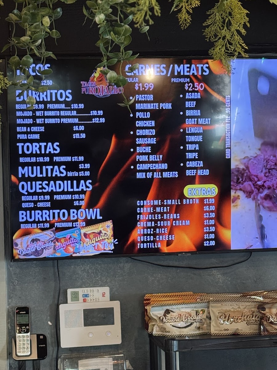 Tacos Puro Jalisco San Bernardino menu board