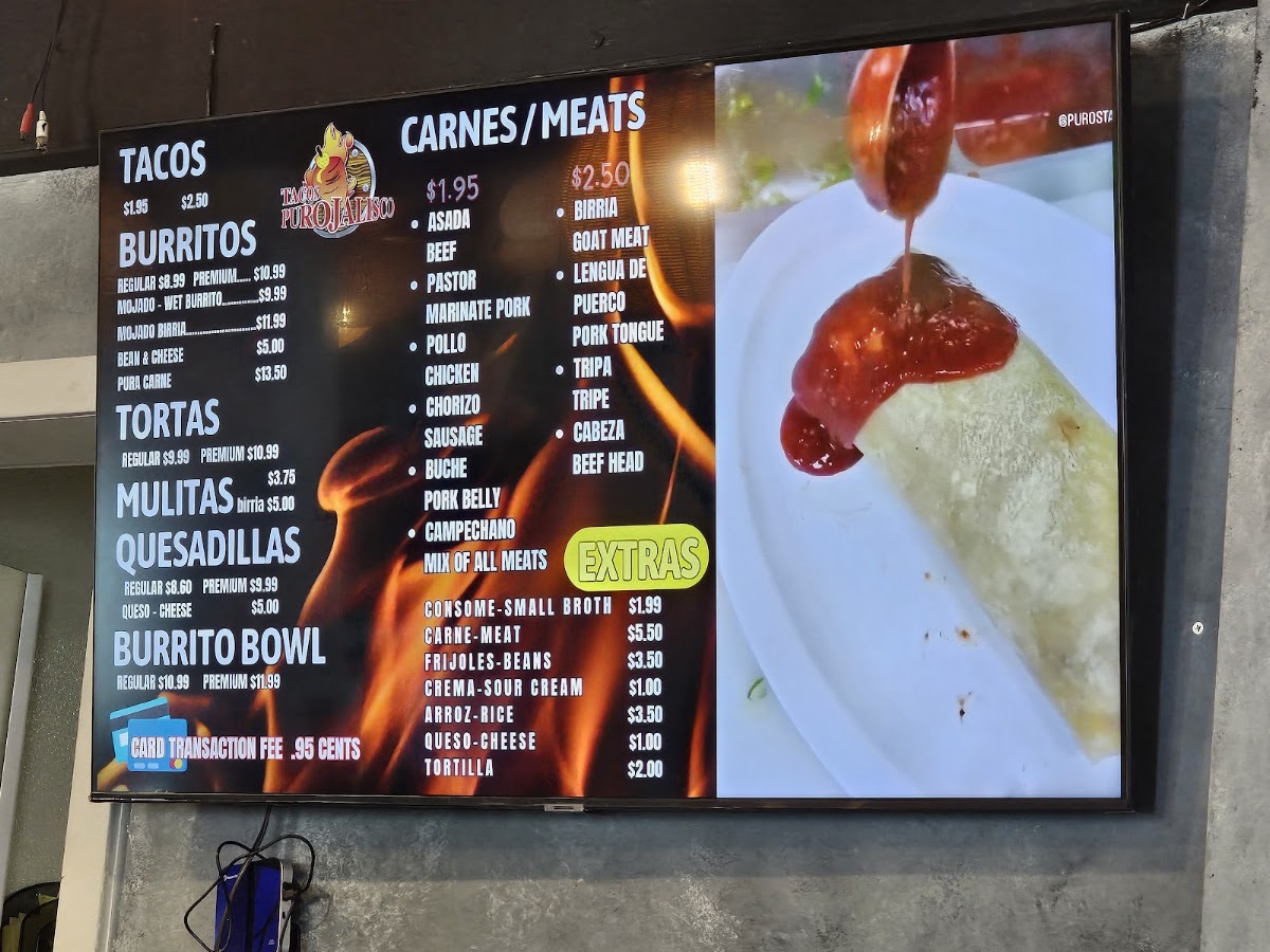 Tacos Puro Jalisco San Bernardino menu board