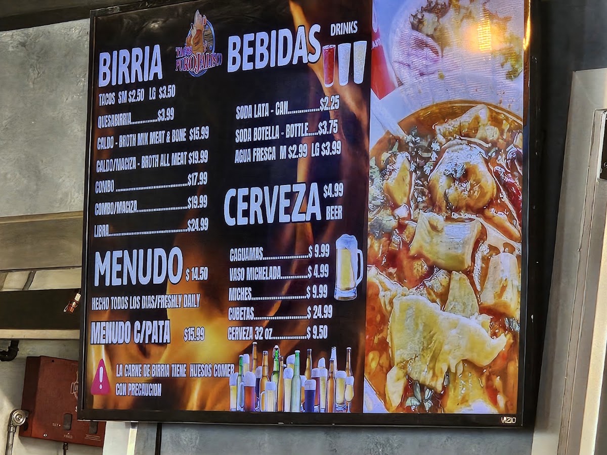 Tacos Puro Jalisco San Bernardino menu board