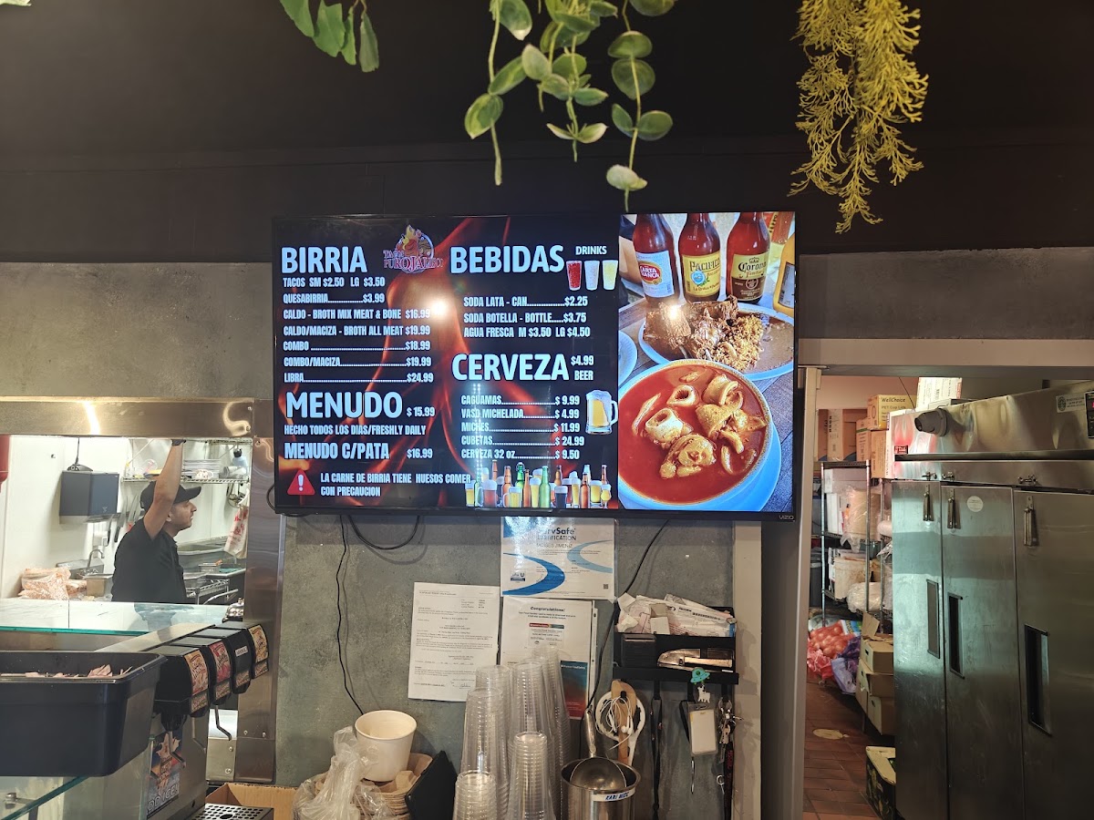 Tacos Puro Jalisco San Bernardino menu board