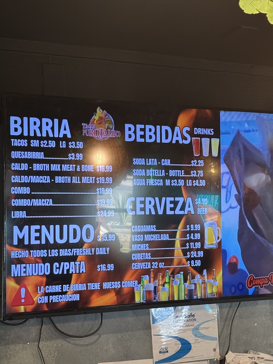 Tacos Puro Jalisco San Bernardino menu board