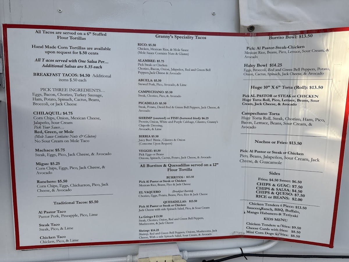 Granny's Tacos menu board