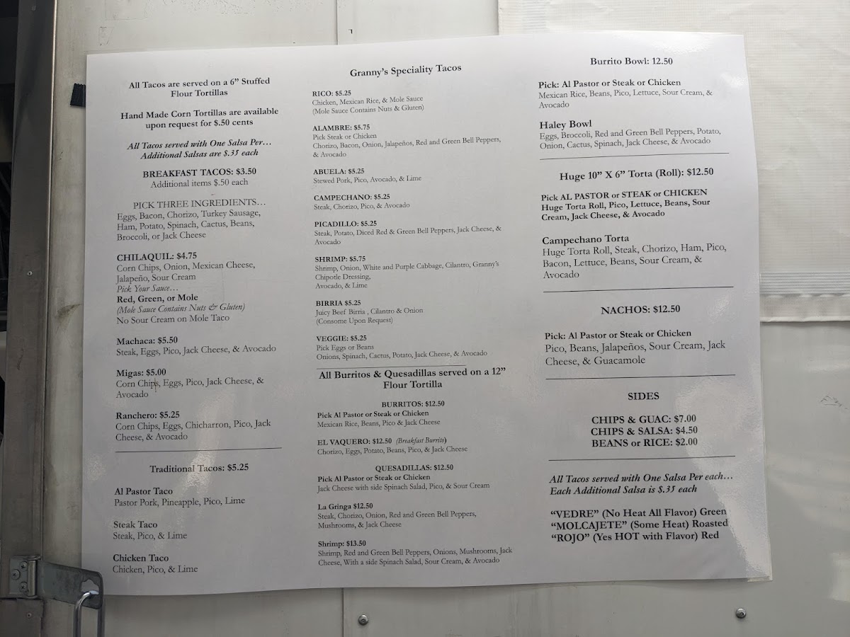 Granny's Tacos menu board