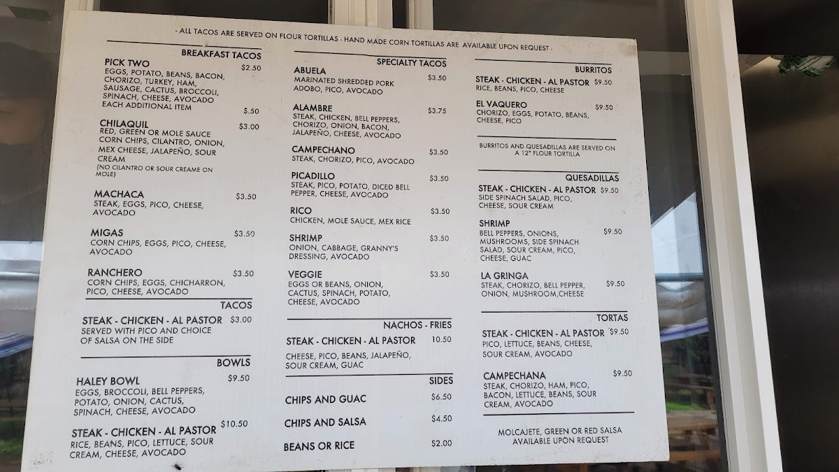 Granny's Tacos menu board