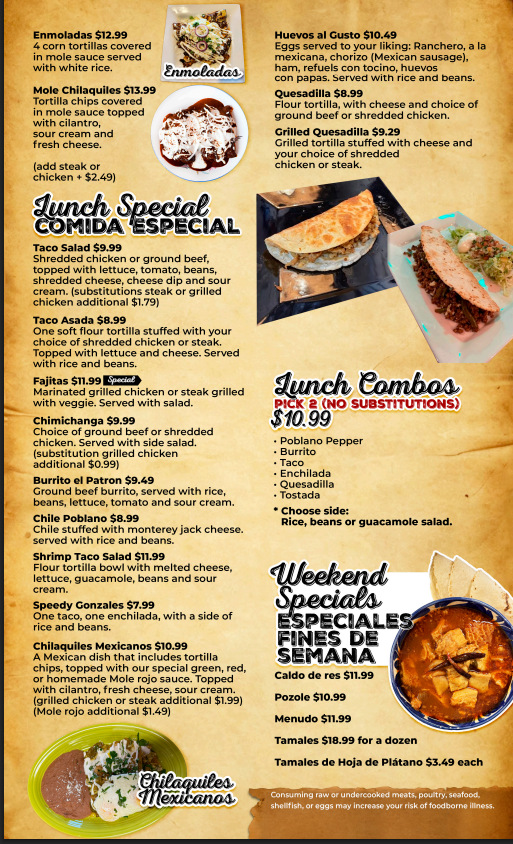 El Patron Mexican Bar & Grill menu board