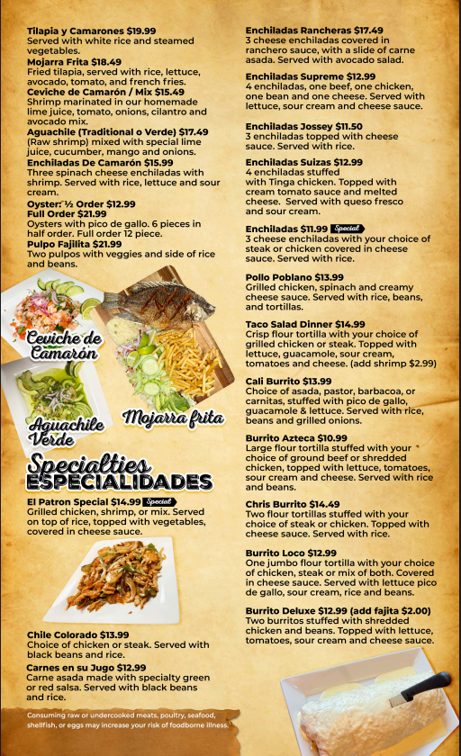 El Patron Mexican Bar & Grill menu board