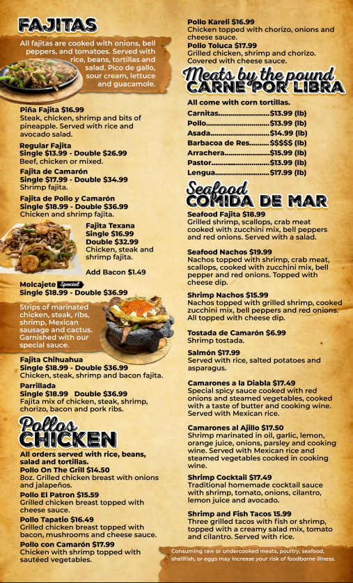 El Patron Mexican Bar & Grill menu board