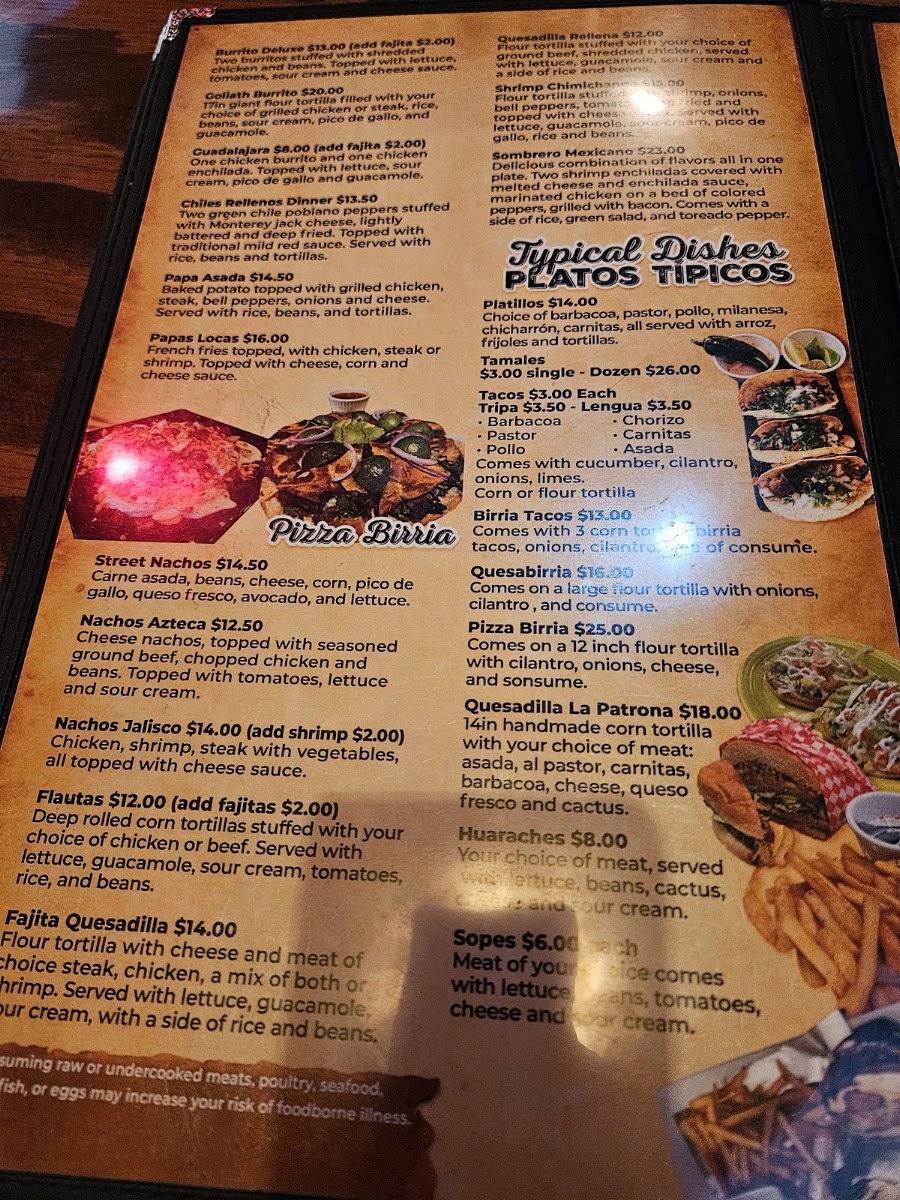 El Patron Mexican Bar & Grill menu board