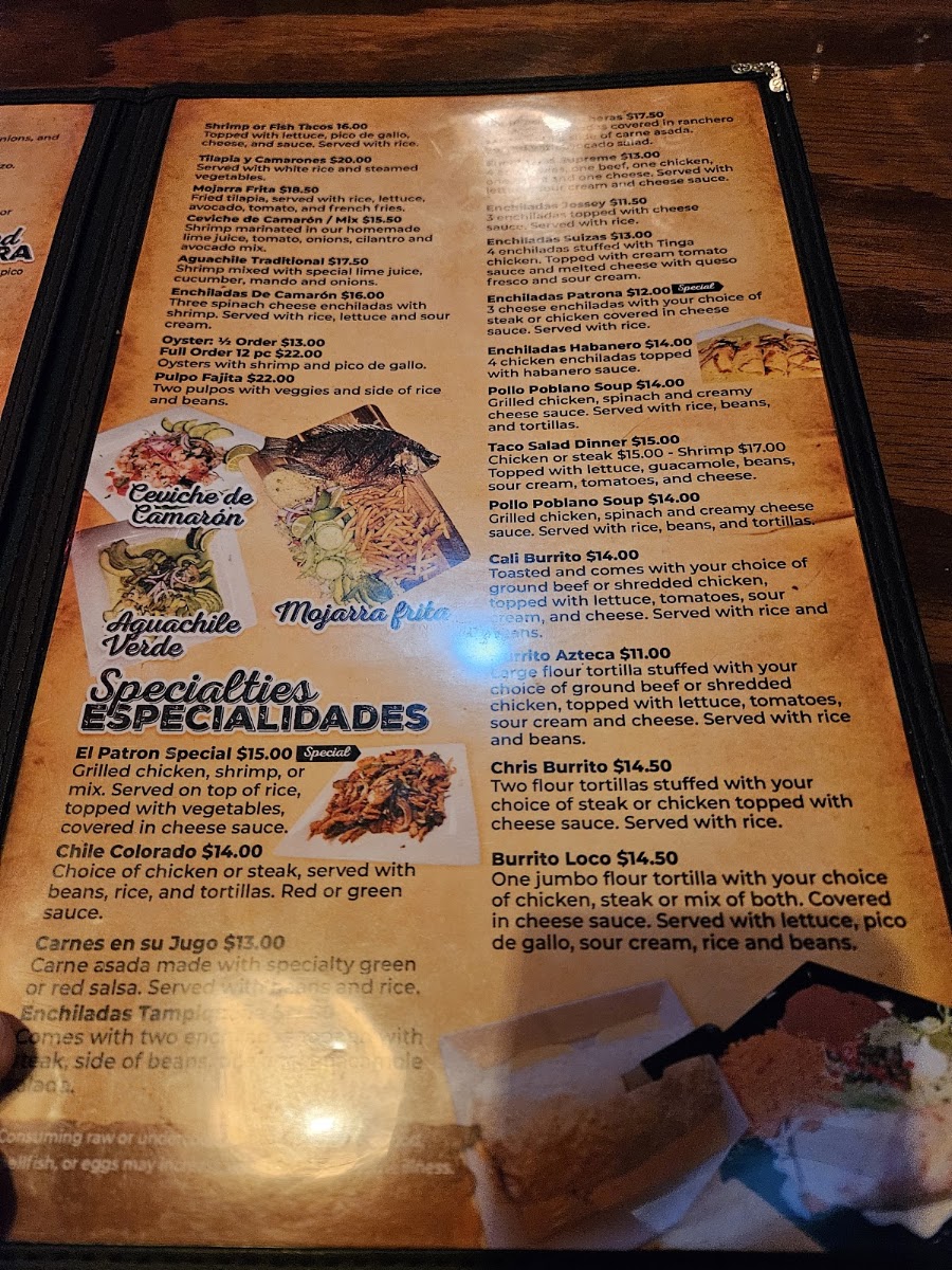 El Patron Mexican Bar & Grill menu board