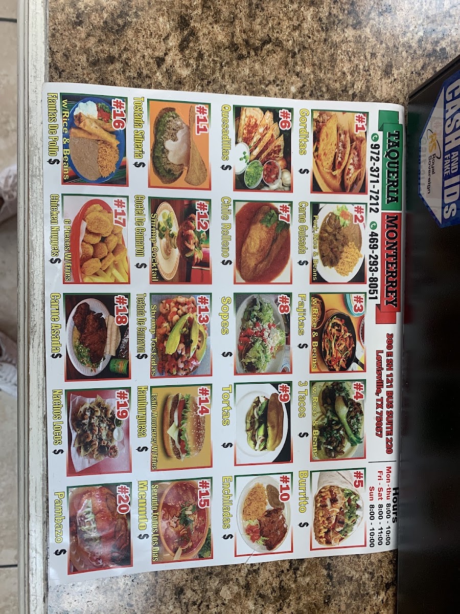 Taqueria Monterrey menu board