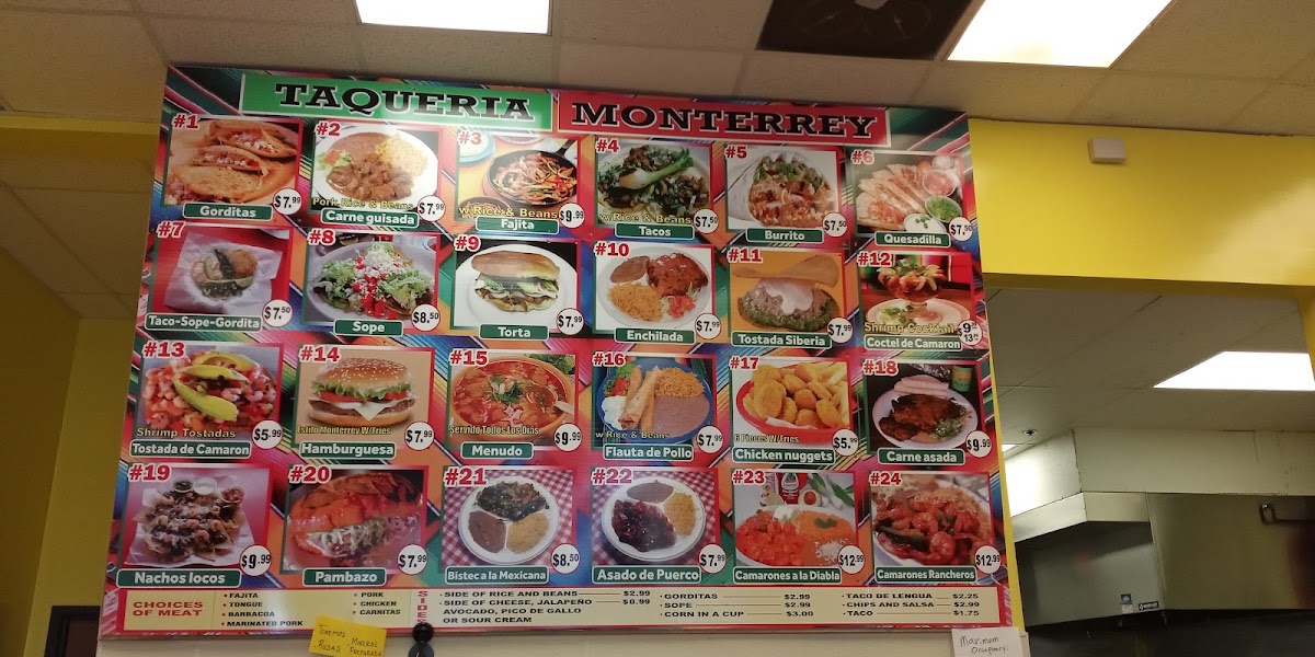 Taqueria Monterrey menu board