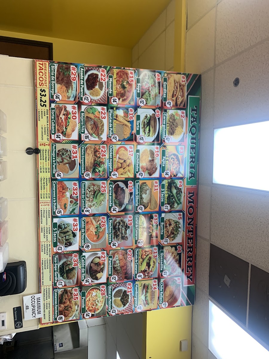 Taqueria Monterrey menu board