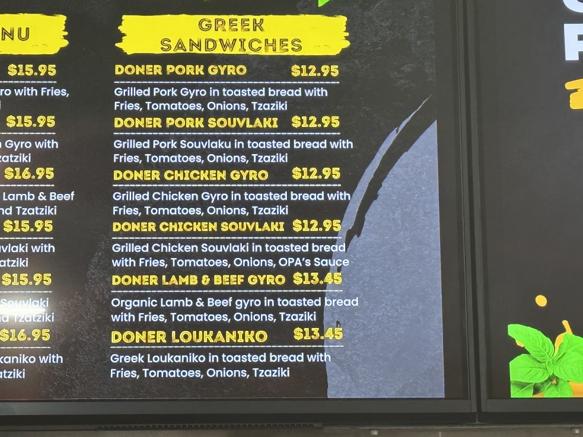 Opa's Gyros & Souvlaki menu board