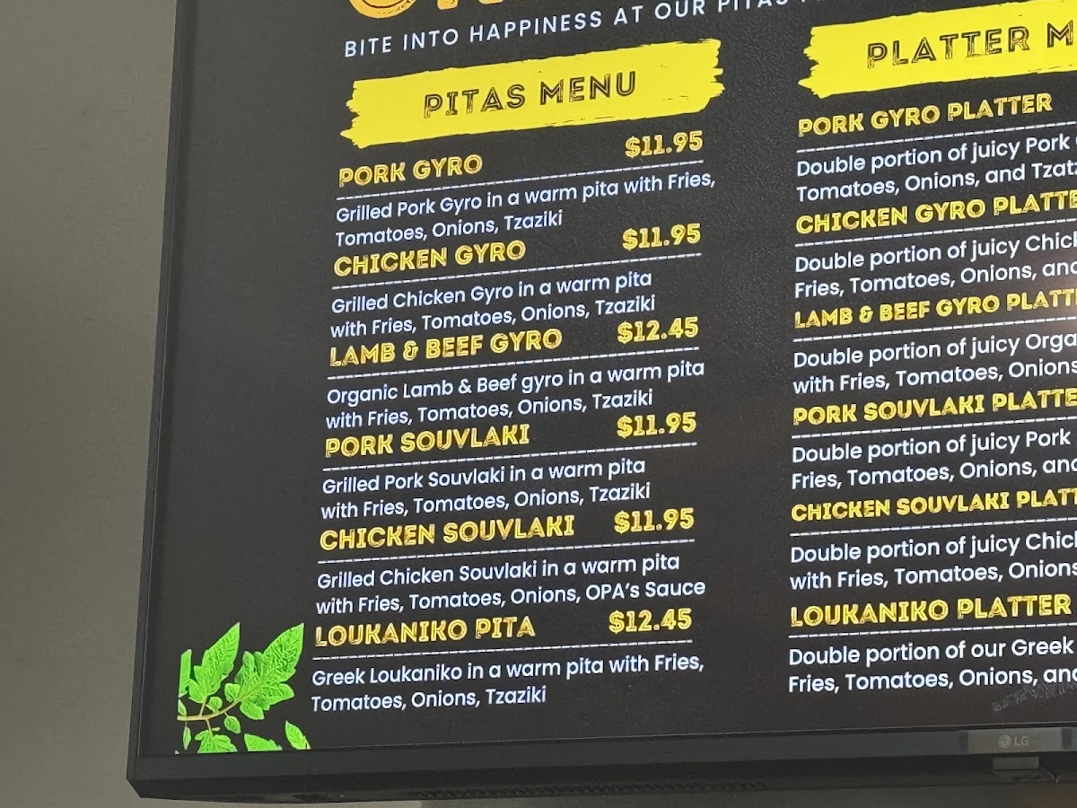 Opa's Gyros & Souvlaki menu board