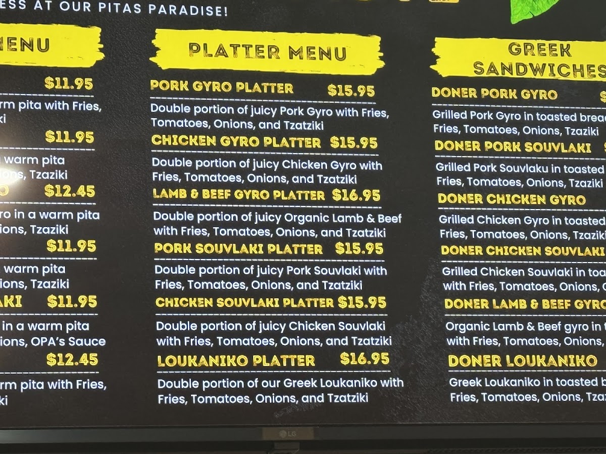 Opa's Gyros & Souvlaki menu board