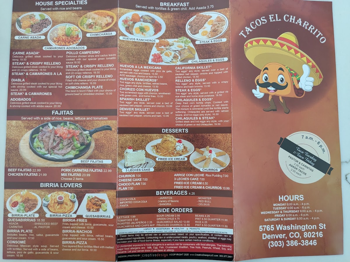 Tacos El Charrito menu board