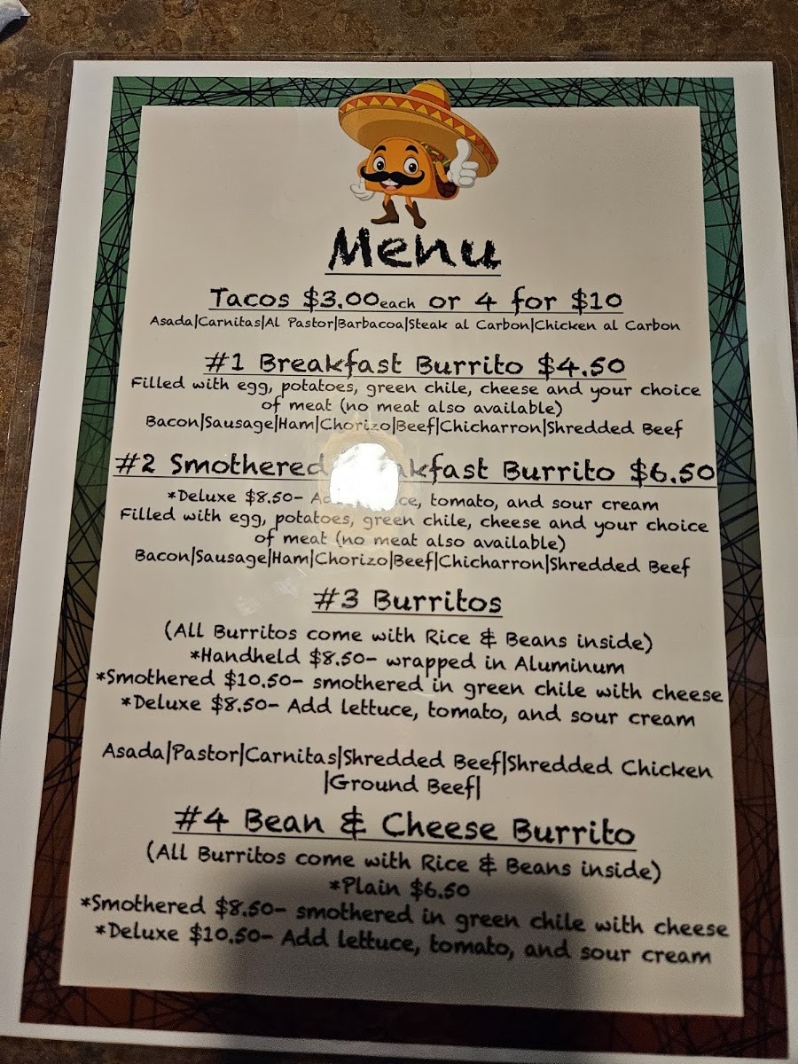 Tacos El Charrito menu board