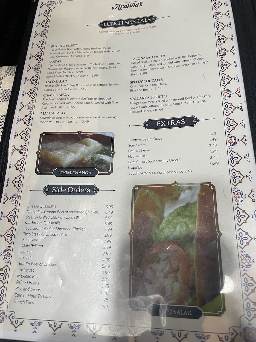 Arandas Mexican Restaurant menu board
