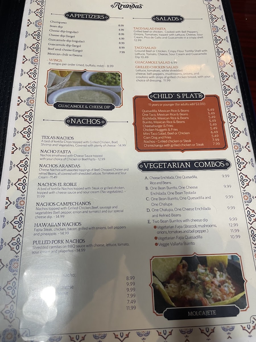 Arandas Mexican Restaurant menu board