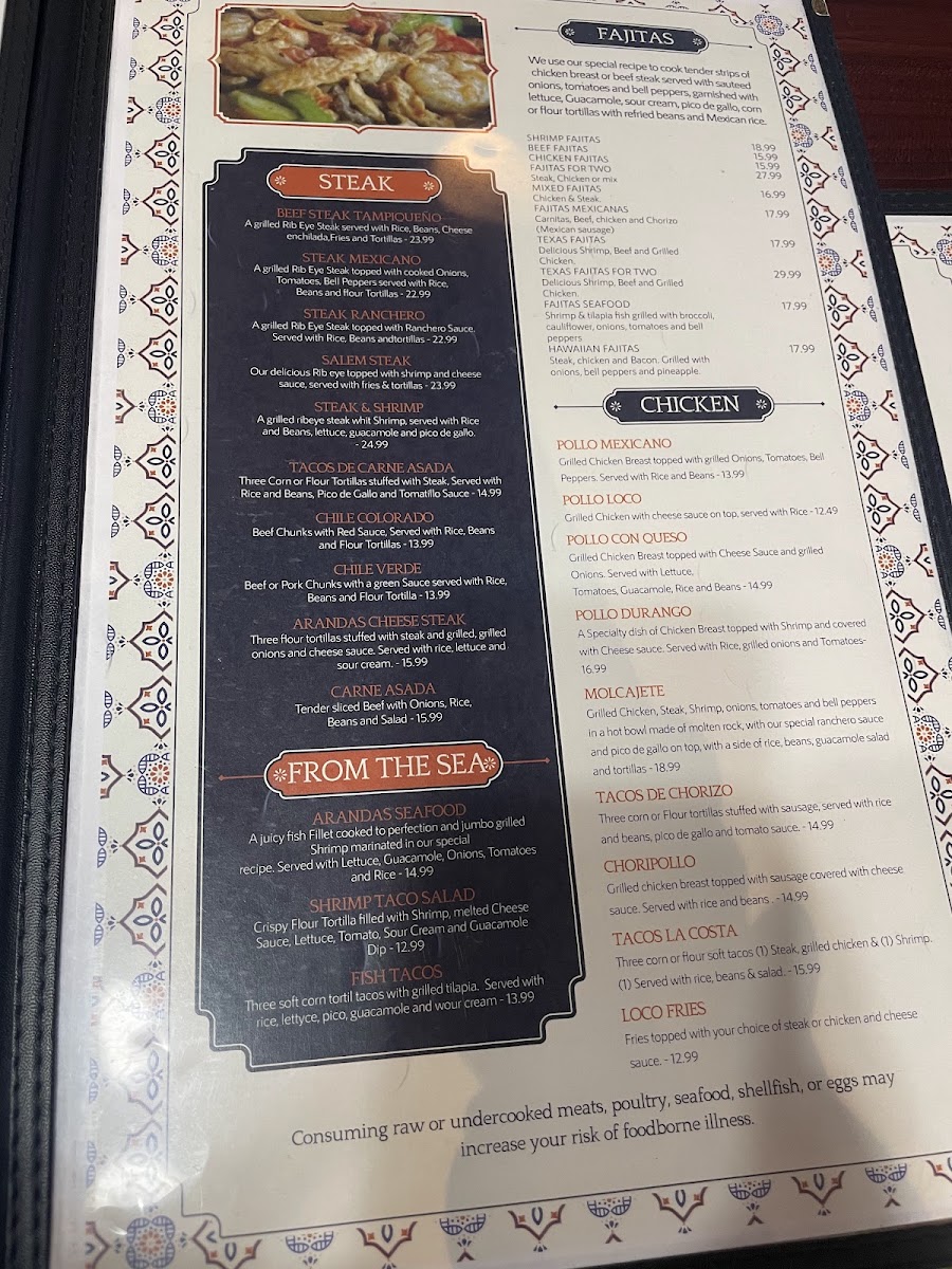 Arandas Mexican Restaurant menu board