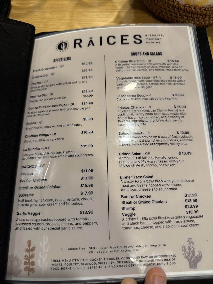 Raices Authentic Mexican Cuisine menu board