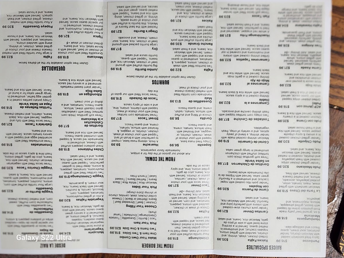 Raices Authentic Mexican Cuisine menu board