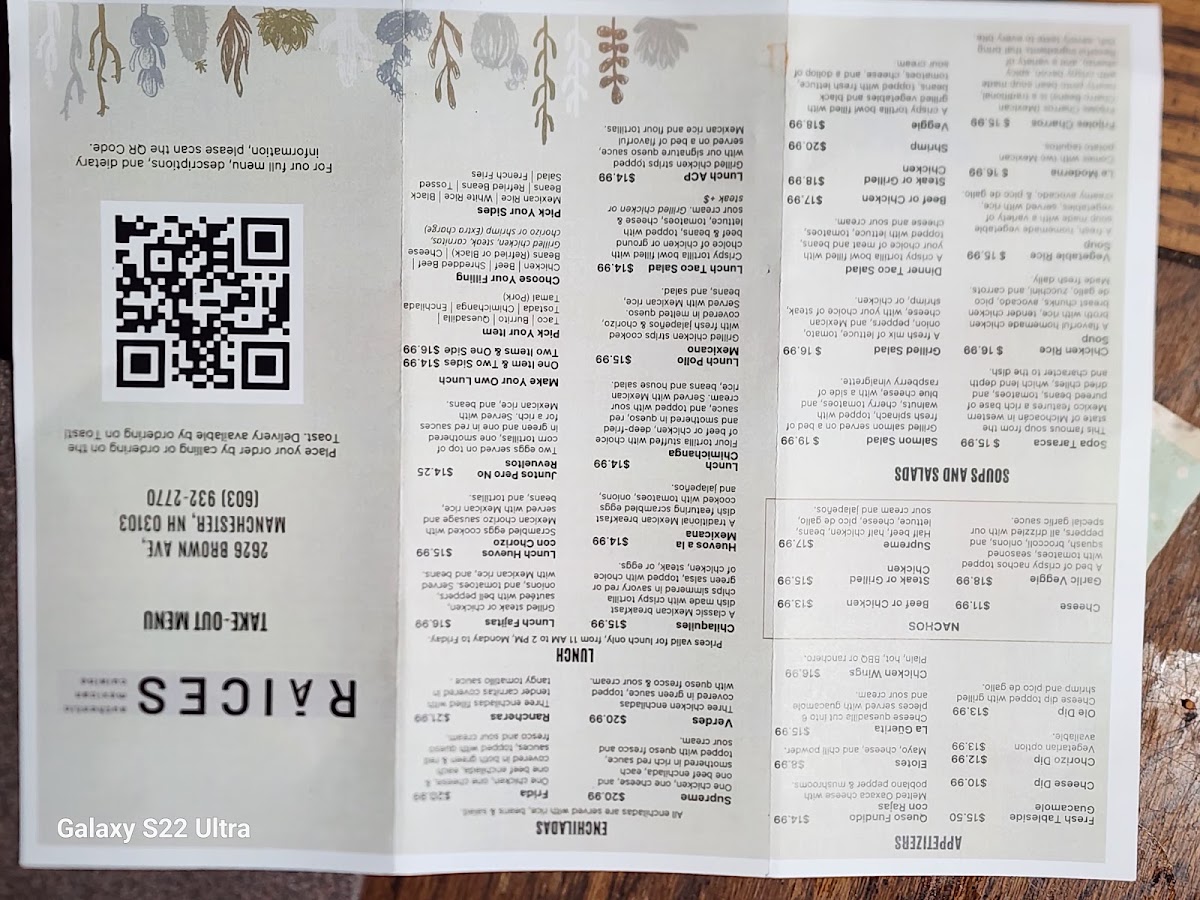 Raices Authentic Mexican Cuisine menu board