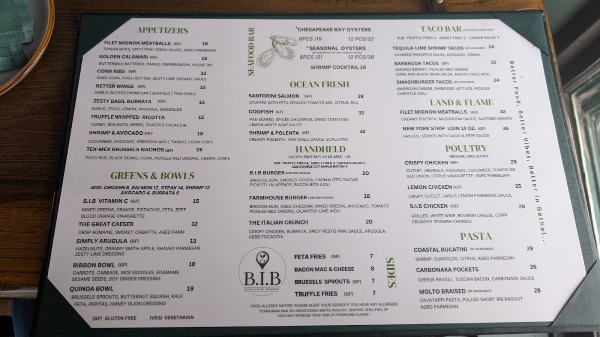 B.I.B - Better in Bethel Restaurant menu board