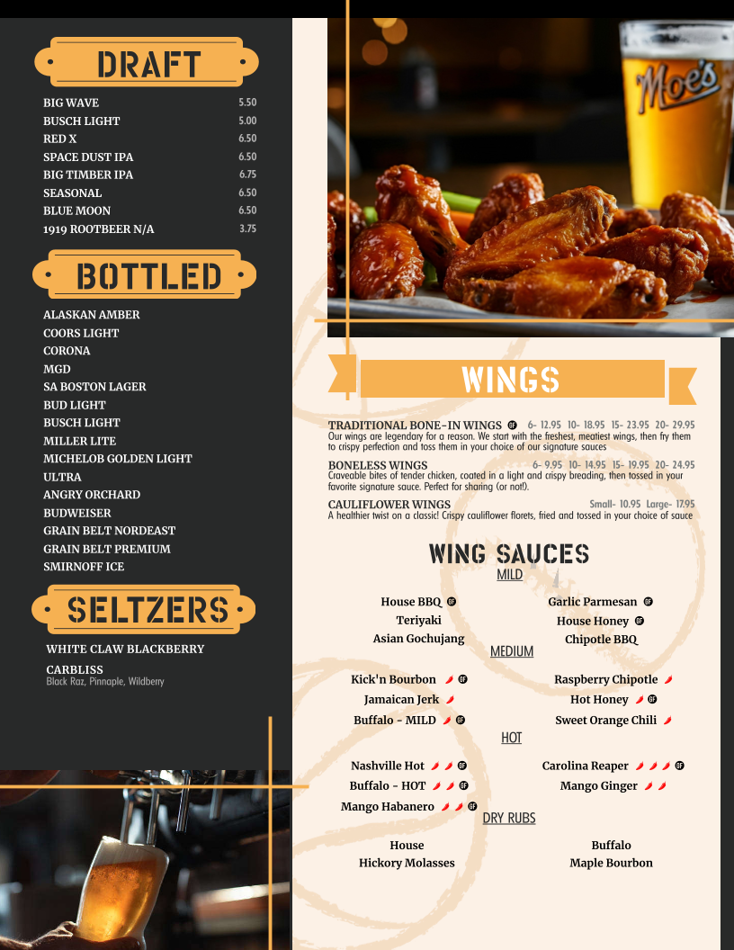 Moe's Burgers & Brews menu board