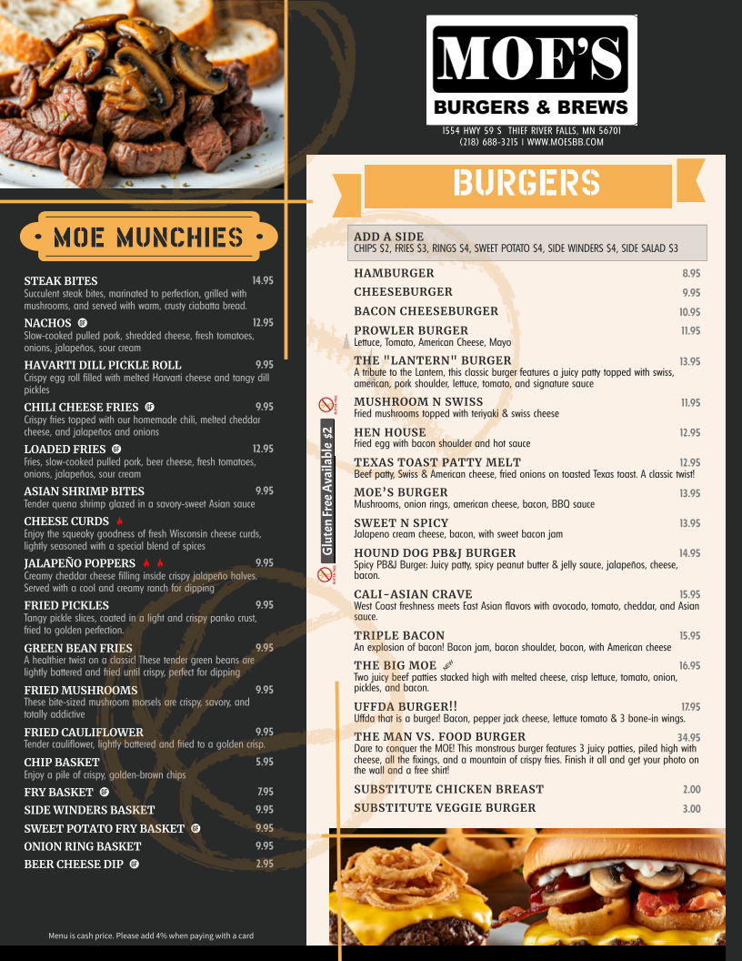 Moe's Burgers & Brews menu board