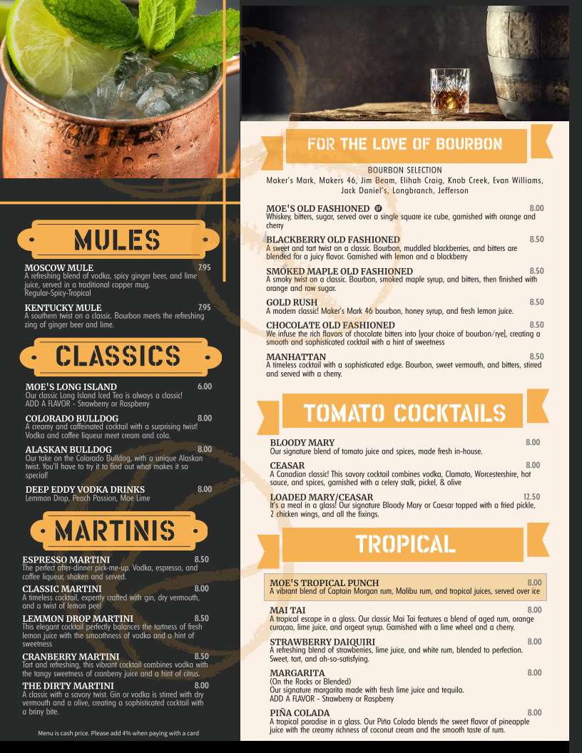 Moe's Burgers & Brews menu board