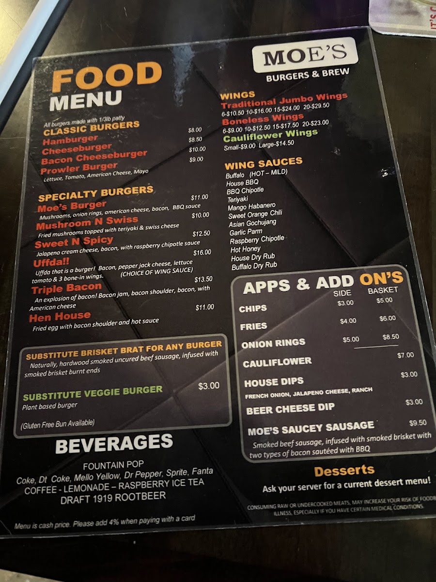 Moe's Burgers & Brews menu board