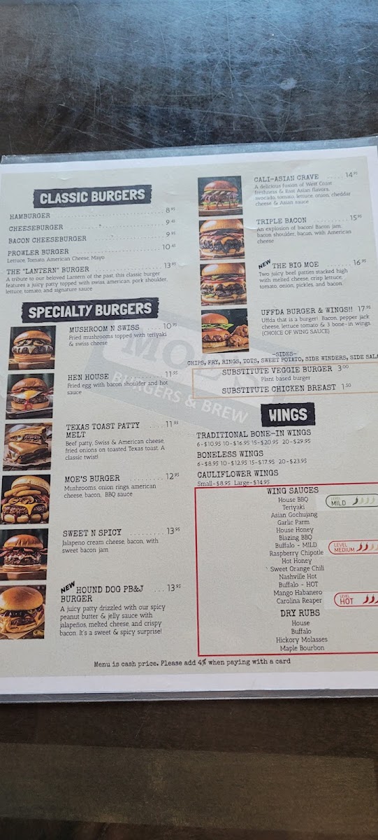 Moe's Burgers & Brews menu board