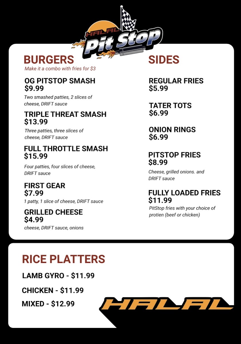 Halal Pit Stop menu board