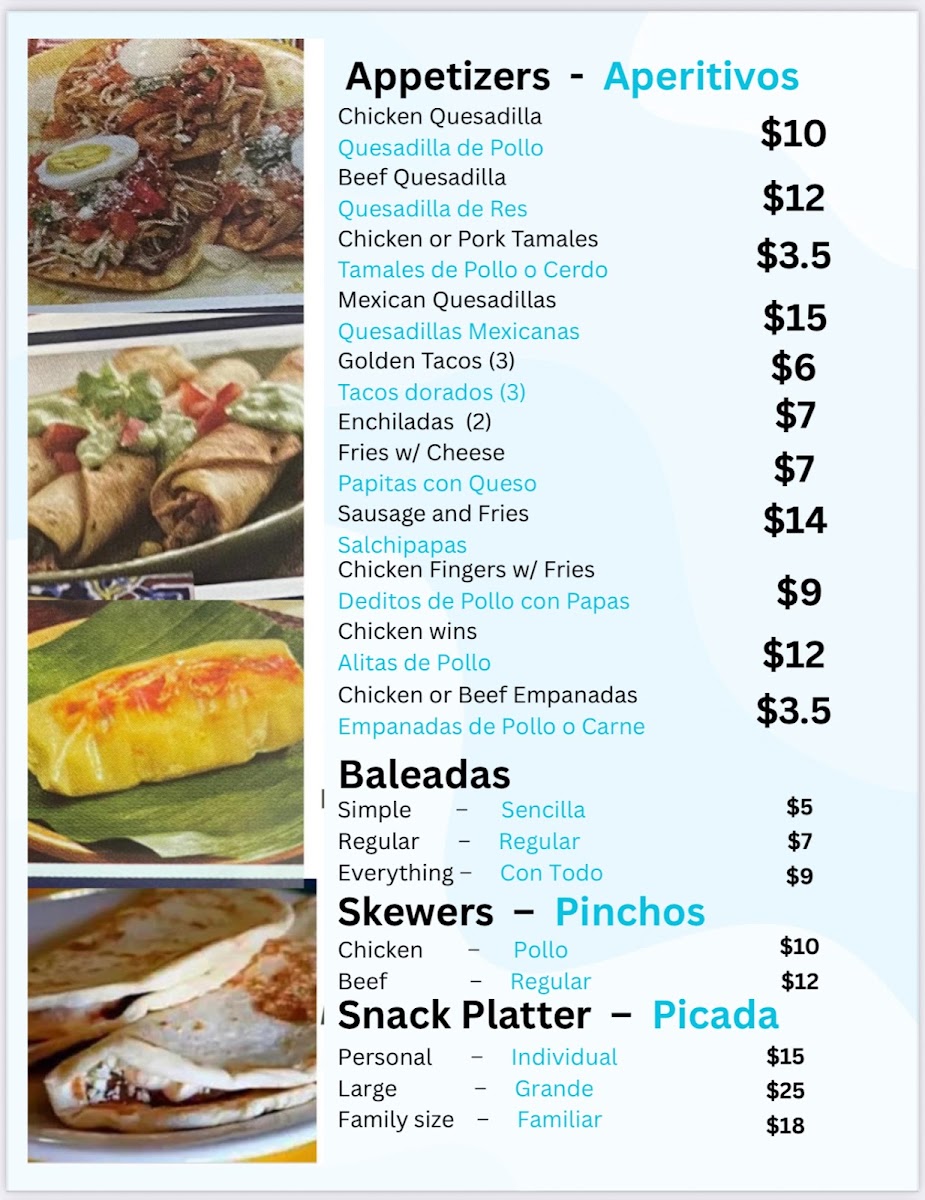 Restaurant y pupuseria los veliz menu board