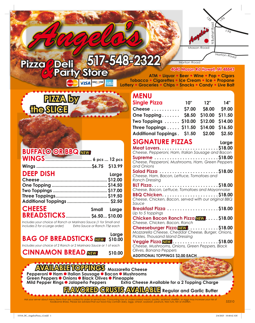 Angelo's Pizza Deli & Party menu board