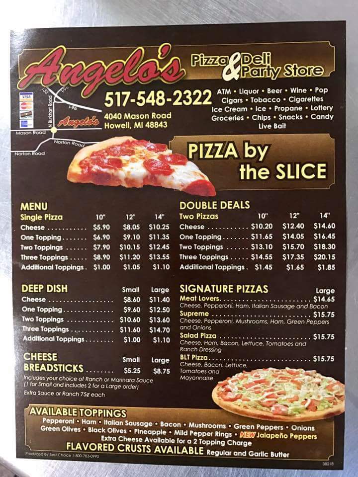 Angelo's Pizza Deli & Party menu board