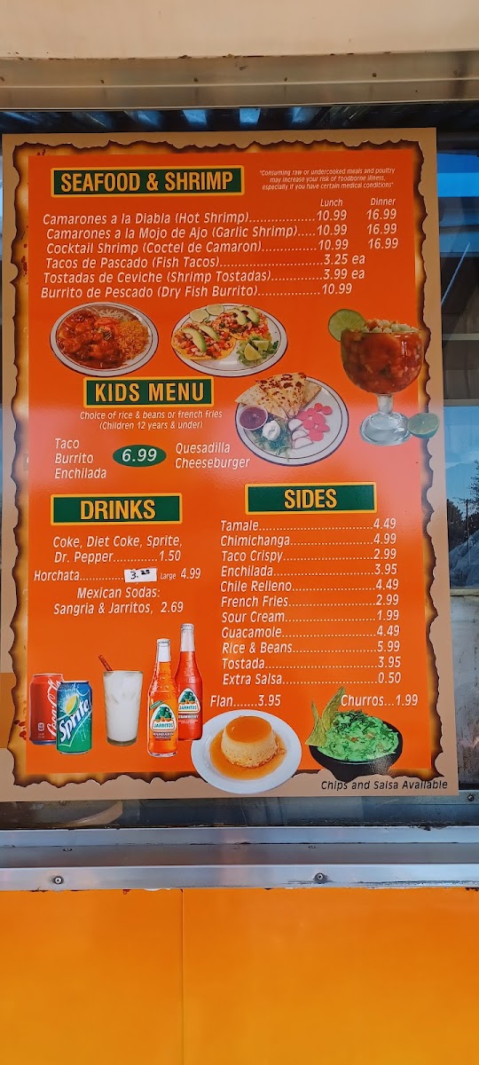 Tacos El Dorado menu board