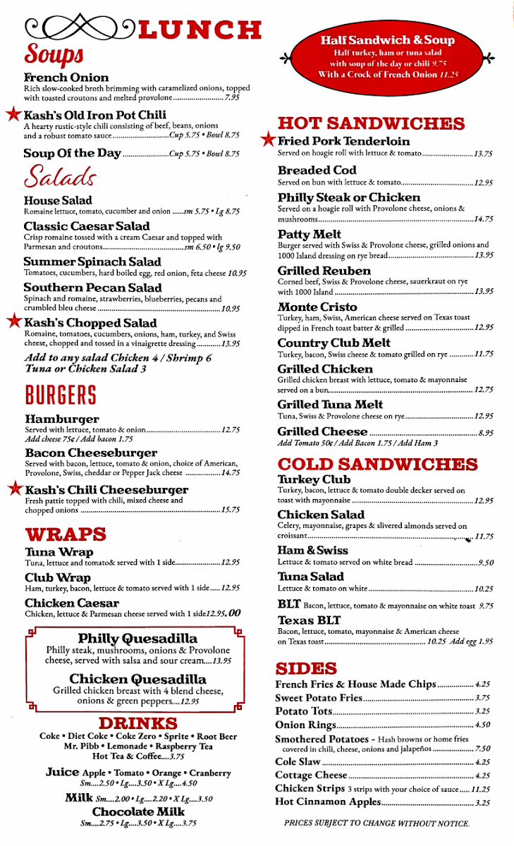 Kash's Cafe menu board