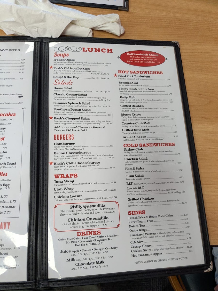 Kash's Cafe menu board